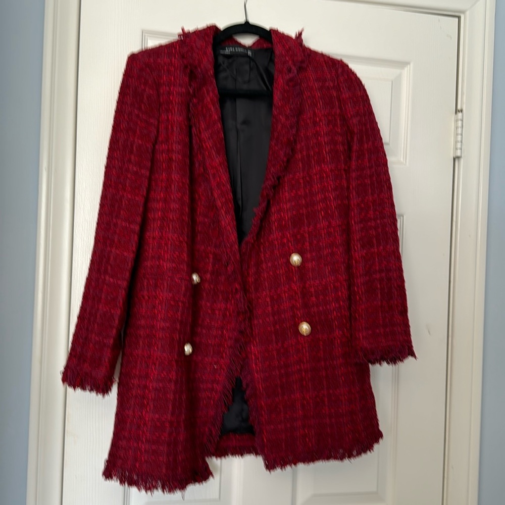 Zara Frayed Tweed Boucle Long Blazer Jacket Size S Burgundy Red Blogger Fave
